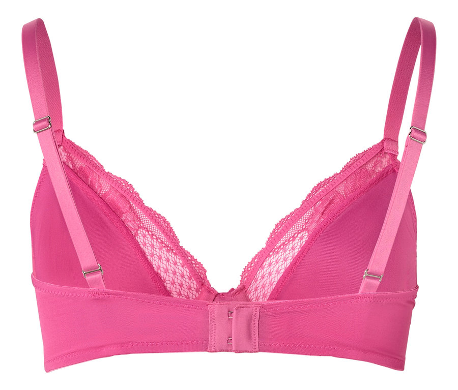 Gros plan d'un soutien-gorge rose avec de la dentelle, vu de dos.