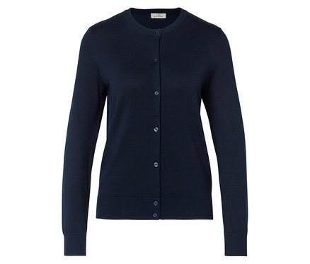 Cardigan en maille fine bleu foncé, avec col rond, manches longues et fermeture boutonnée.
