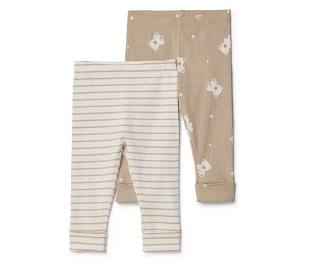 Deux pantalons de bébé sont superposés. L'un est rayé beige et blanc, l'autre est beige avec des ours en peluche blancs.