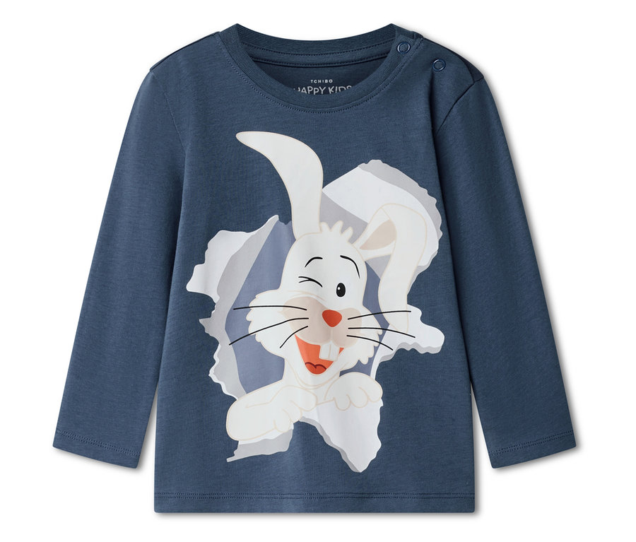 T-shirt bleu à manches longues avec un imprimé de lapin blanc amusant.