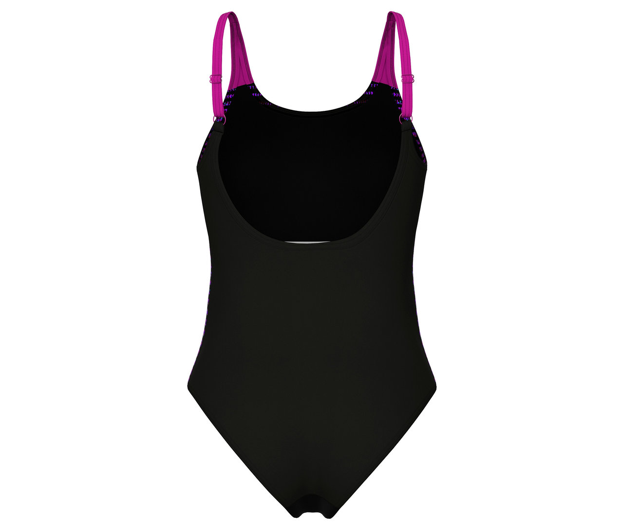 Maillot de bain une pièce noir arena Feel Swim Pro Back avec bustier, bretelles fuchsia et dos en U, avec un motif multicolore sur les bretelles et les côtés.