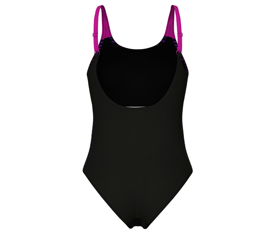 Maillot de bain une pièce noir arena Feel Swim Pro Back avec bustier, bretelles fuchsia et dos en U, avec un motif multicolore sur les bretelles et les côtés.