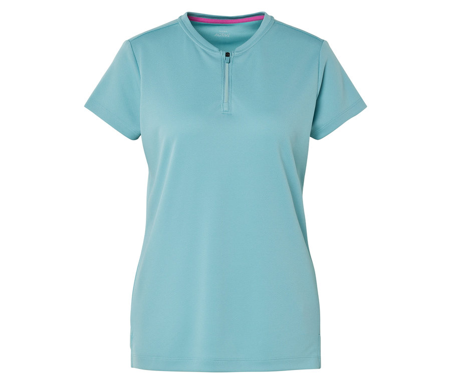 T-shirt bleu clair à manches courtes avec une courte fermeture éclair.