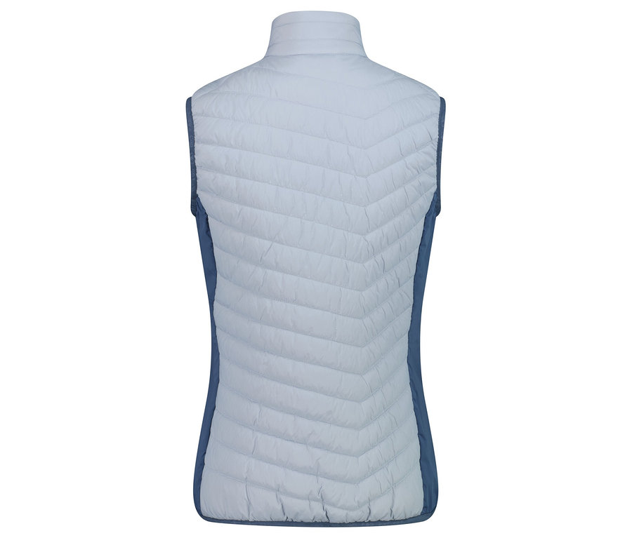 Vue arrière d'un gilet matelassé bleu clair avec des côtés bleu marine.
