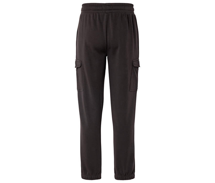 Pantalon de jogging gris foncé avec cordon de serrage et poches, photographié de dos.