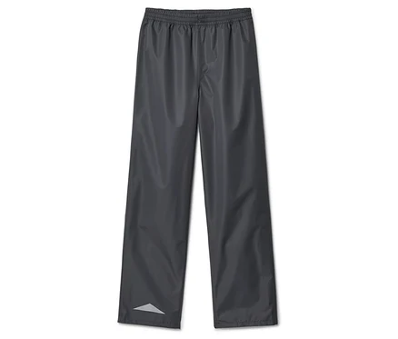 Pantalon de pluie gris avec cordon de serrage et triangle réfléchissant sur la jambe.