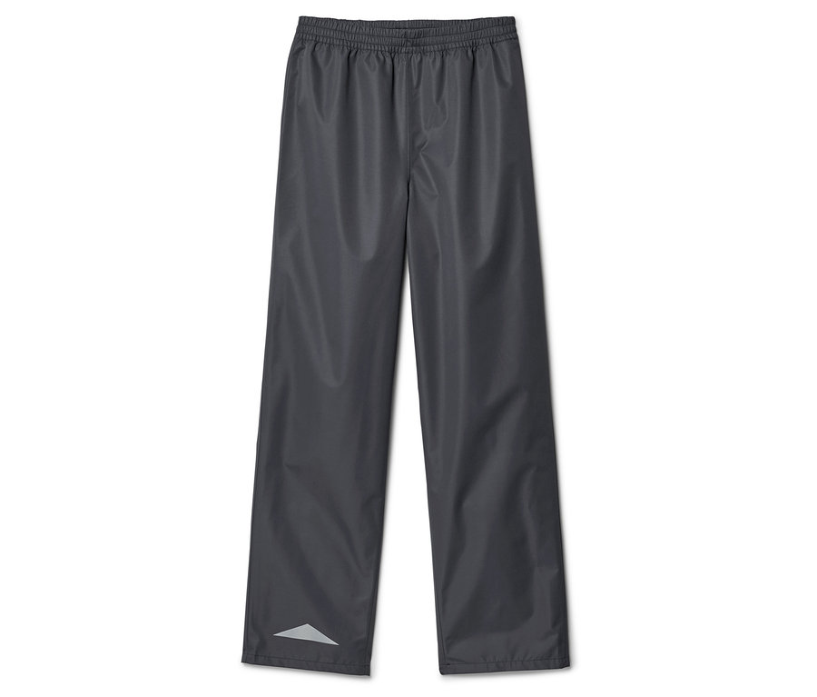 Pantalon de pluie gris avec cordon de serrage et triangle réfléchissant sur la jambe.