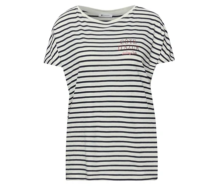 T-shirt Street One bleu marine et blanc à rayures horizontales avec broderie rouge « CÔTE D'AZUR Sailing Club ».