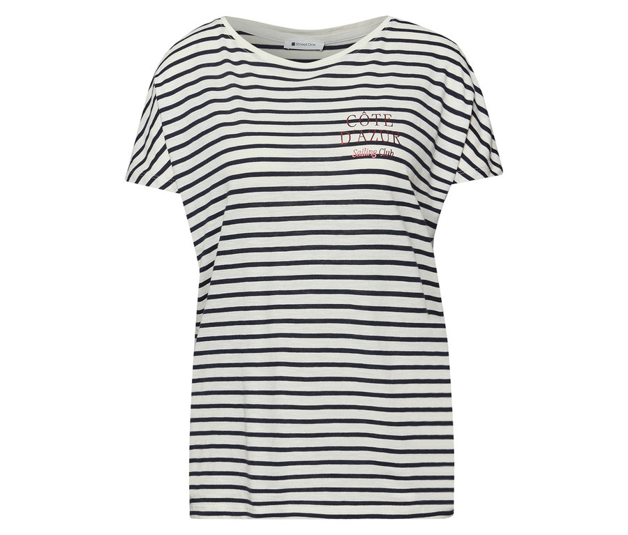 Le t-shirt Street One, bleu marine et blanc, présente un motif rayé et un lettrage rouge "Côte d'Azur".