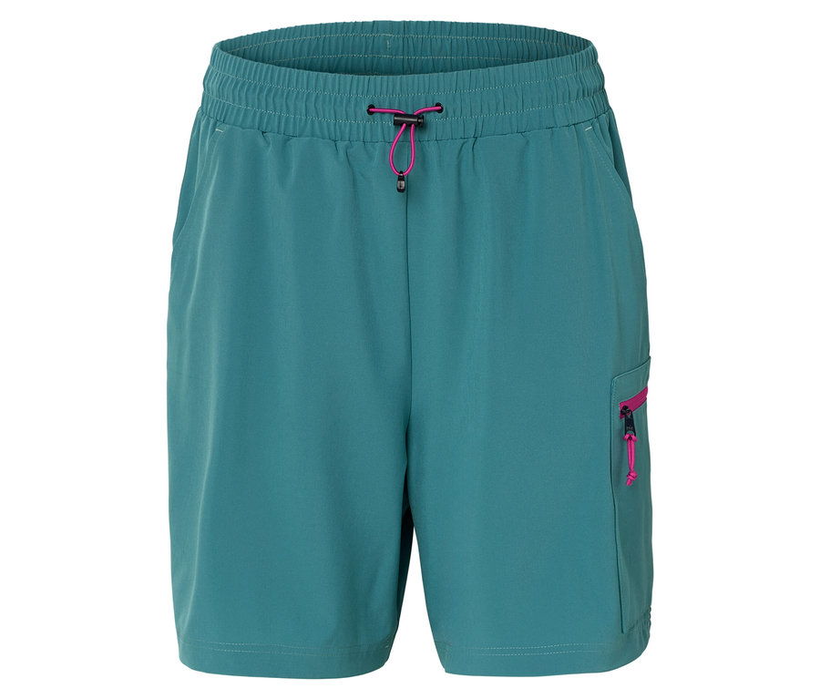 Un short turquoise avec des cordons et des fermetures éclair roses.