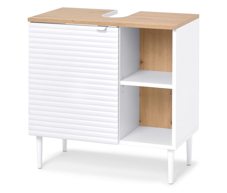 Meuble sous-vasque blanc avec un plan de travail en bois.