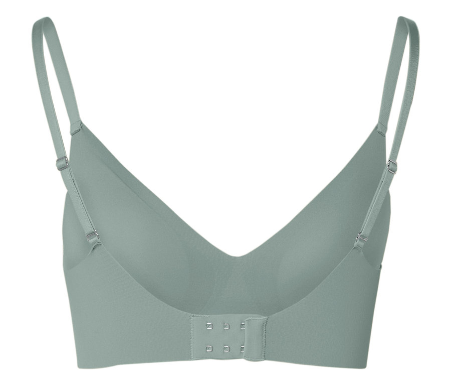 Vue arrière d'un soutien-gorge vert clair avec bretelles réglables et fermeture à agrafes.