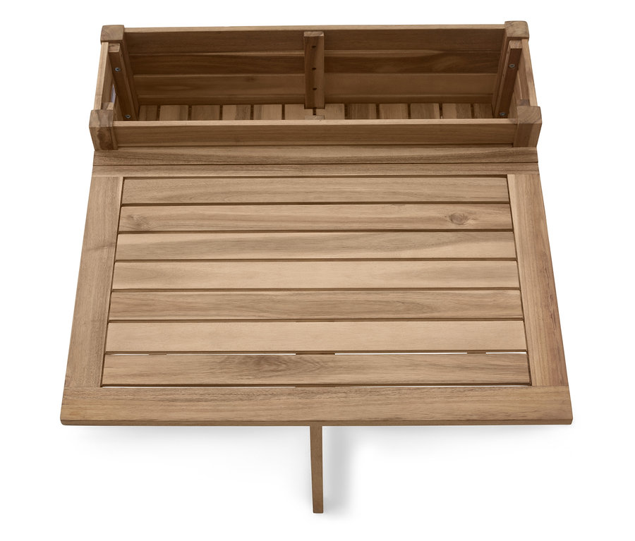 Vue de dessus d'une table rectangulaire en bois avec une boîte de rangement en bois à l'arrière, la table a un seul support.