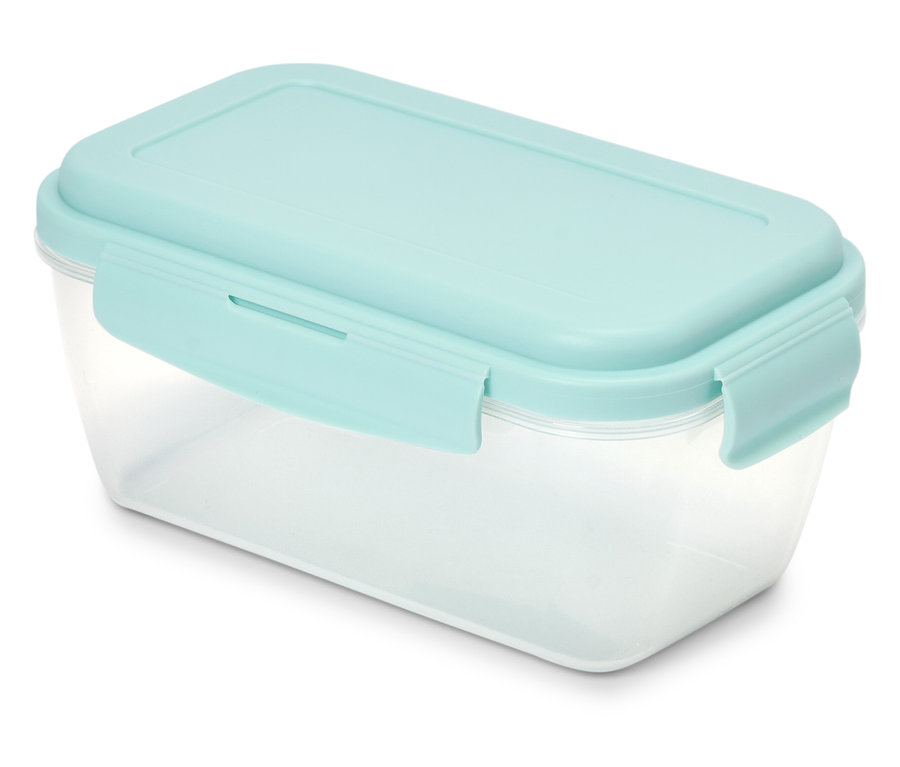 Un récipient alimentaire rectangulaire transparent avec un couvercle turquoise clair.