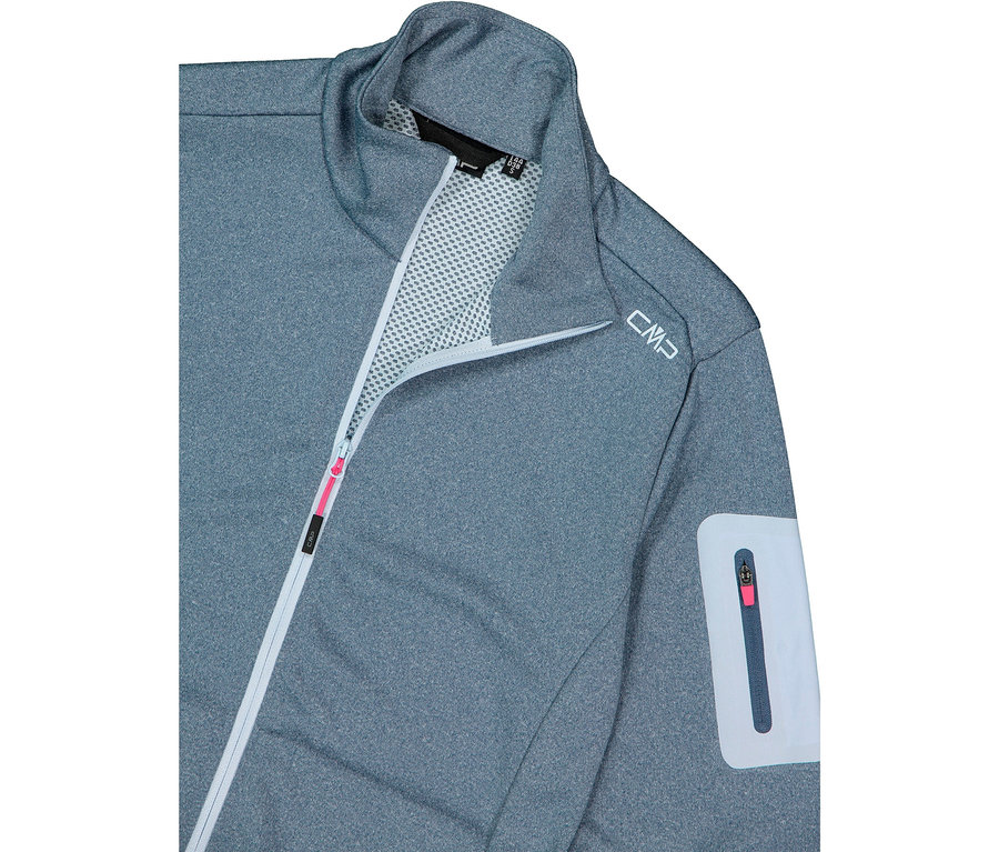 Gros plan d'une veste CMP grise avec fermeture éclair et poche sur la manche.