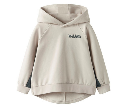 Sweat-shirt beige NAME IT pour enfant avec capuche et imprimé "RAWR" et empiècements gris sur les manches.