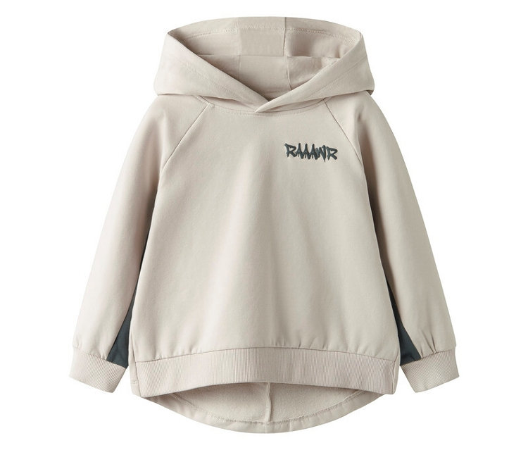 Sweat-shirt beige NAME IT pour enfant avec capuche et imprimé "RAWR" et empiècements gris sur les manches.