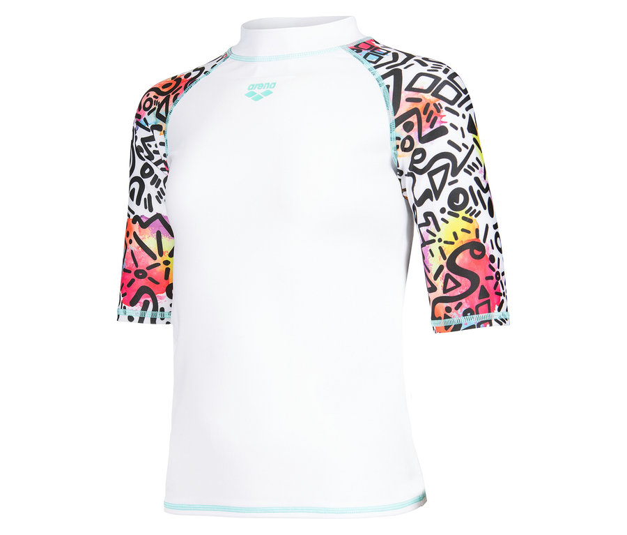 T-shirt blanc à manches longues Arena avec manches graffiti colorées.