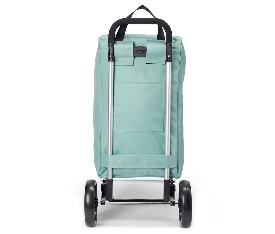Sac de courses turquoise sur roulettes avec des roues et une poignée noires.