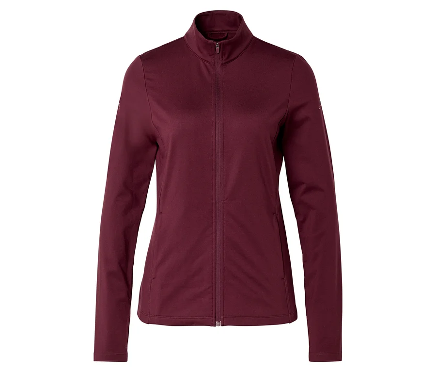 Veste bordeaux avec fermeture éclair intégrale et col montant.