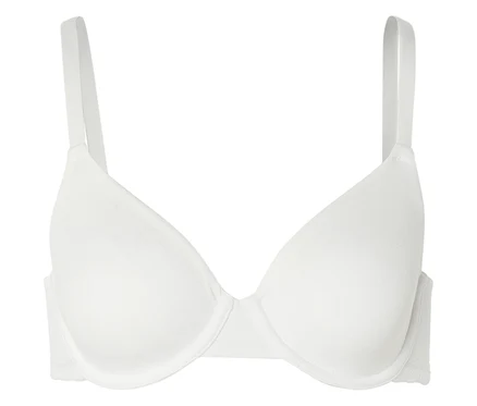 Soutien-gorge blanc à armatures et bretelles réglables sur fond blanc.