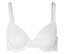 Soutien-gorge blanc à armatures et bretelles réglables sur fond blanc.