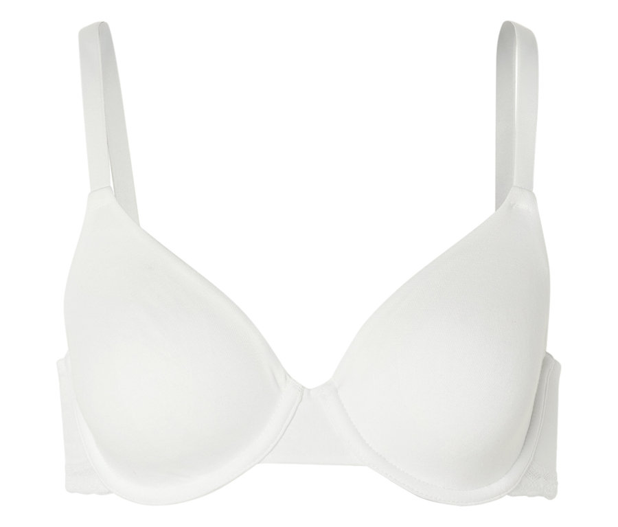 Soutien-gorge blanc à armatures et bretelles réglables sur fond blanc.