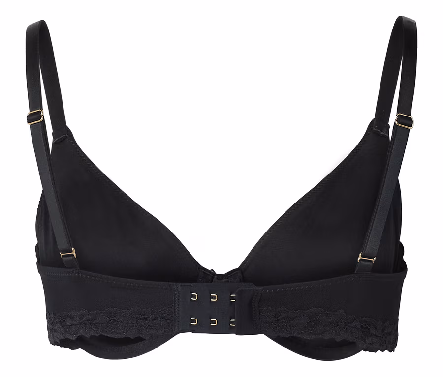 Vue arrière d'un soutien-gorge noir avec bretelles réglables et triple fermeture à agrafes.