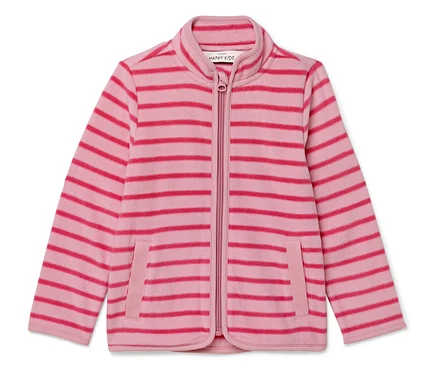 Veste polaire rose rayée avec fermeture éclair intégrale et deux poches.