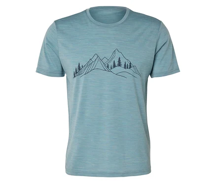 T-shirt bleu clair avec paysage de montagne stylisé avec des sapins.