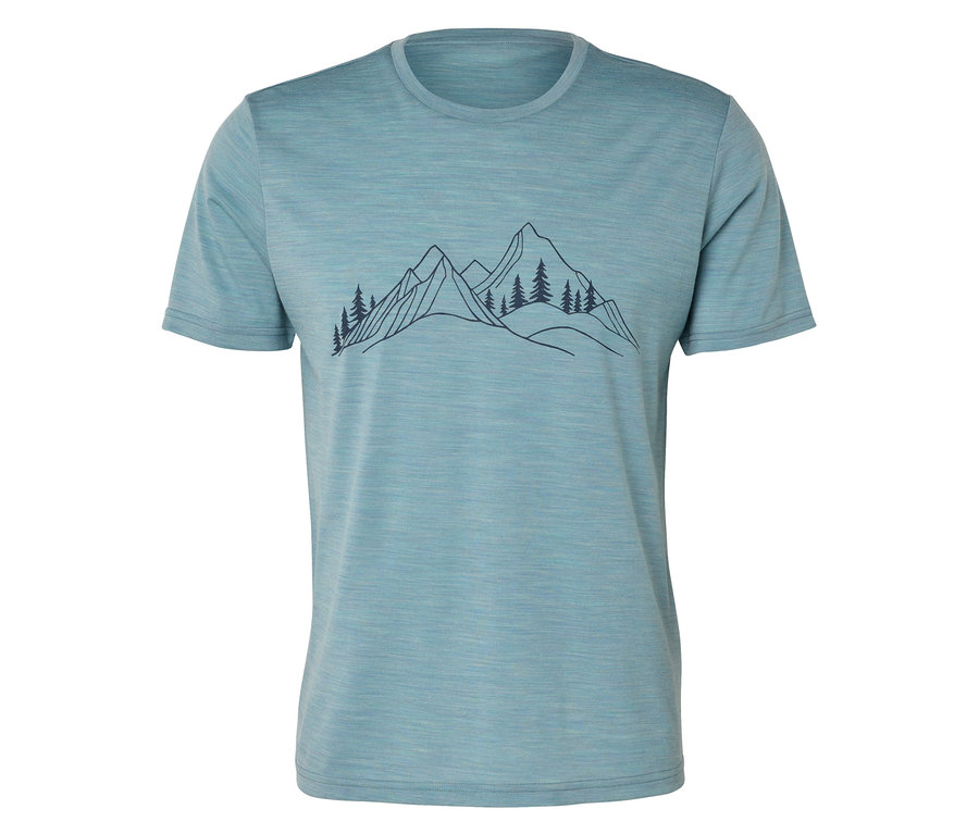 T-shirt bleu clair avec paysage de montagne stylisé avec des sapins.