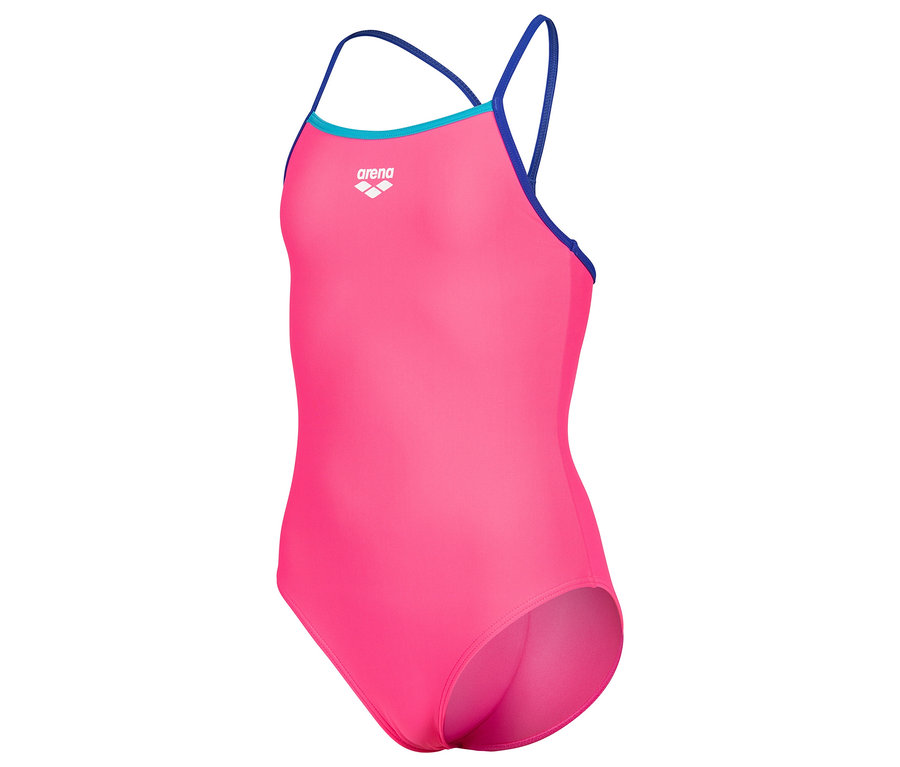 Maillot de bain rose Arena avec bretelles bleues.