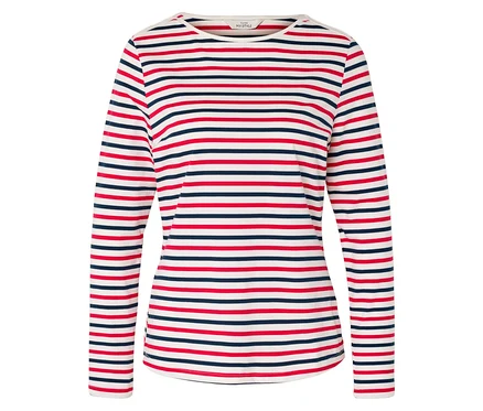 T-shirt à manches longues avec des rayures rouges et bleu marine sur fond blanc.