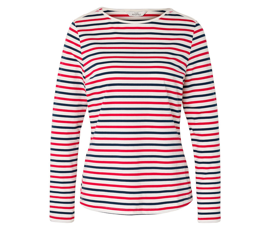 T-shirt à manches longues avec des rayures rouges et bleu marine sur fond blanc.