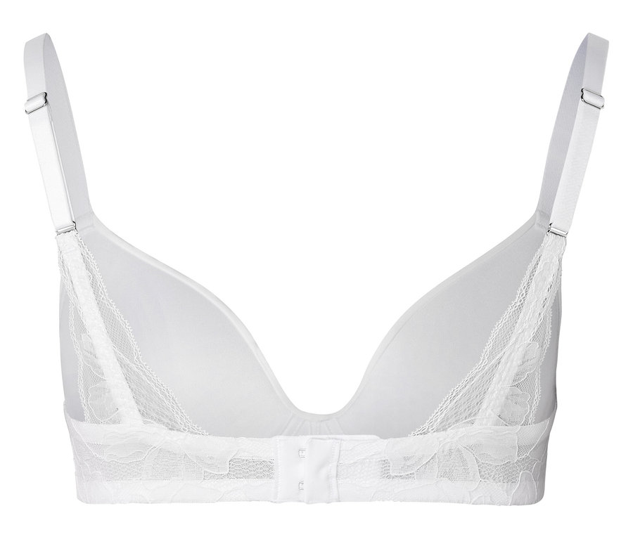Vue arrière d'un soutien-gorge blanc avec de la dentelle.