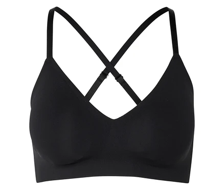 Soutien-gorge noir avec décolleté en V et bretelles croisées dans le dos.
