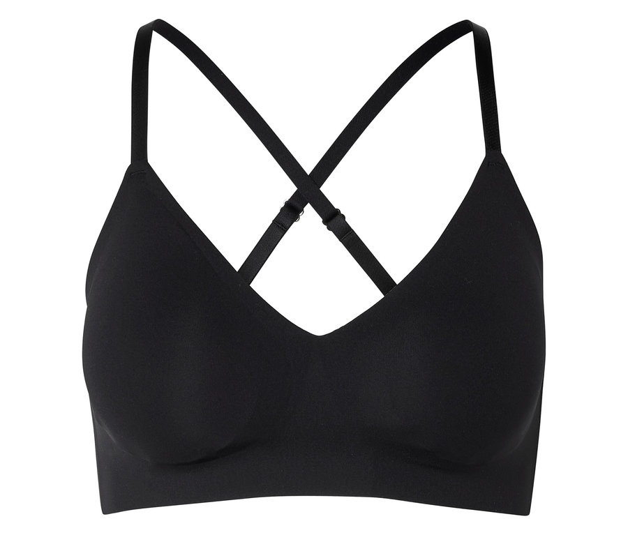 Soutien-gorge noir avec décolleté en V et bretelles croisées dans le dos.