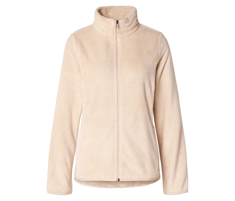 Veste en polaire beige avec fermeture éclair intégrale et col montant.