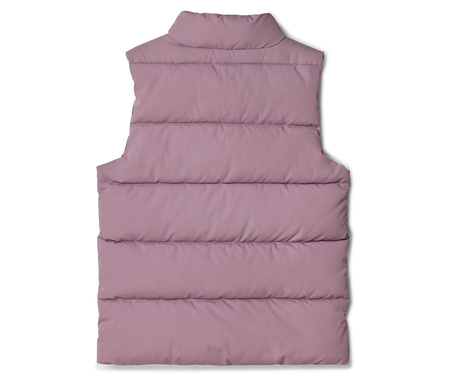 Vue arrière d'un gilet mauve matelassé sans manches avec un col montant.