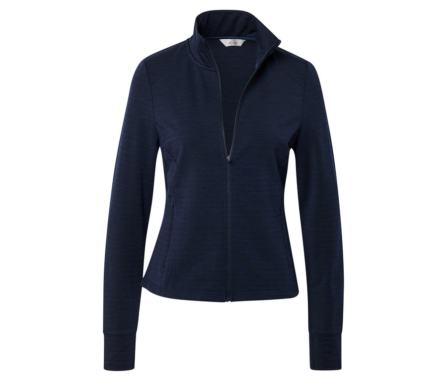 Veste fonctionnelle bleu marine avec de la laine mérinos, fermeture éclair, col montant et manches longues.