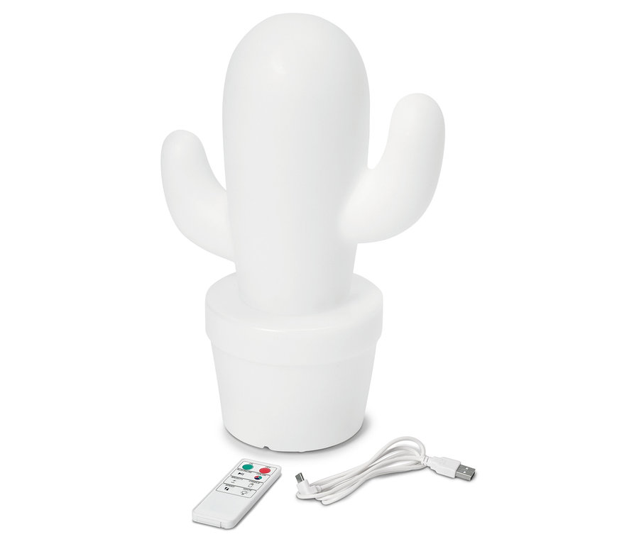Une lampe cactus blanche est posée sur une surface blanche avec une télécommande et un câble USB.