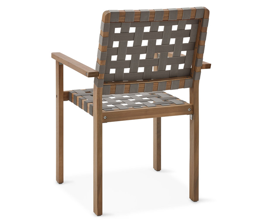 Vue arrière d'une chaise avec cadre en bois et assise et dossier tissés gris.