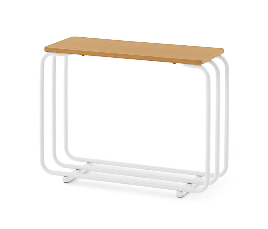 Console rectangulaire avec un plateau en bois clair et une structure en métal blanc composée de trois tubes en forme de U.