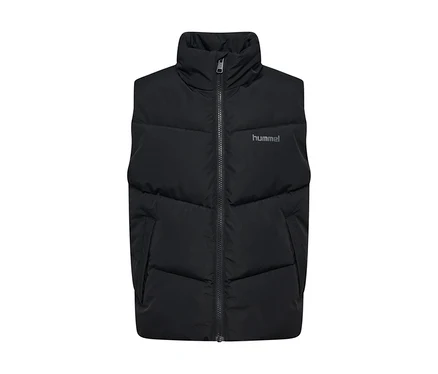 Veste matelassée hummel® « HMLJR Puffer Vest » noire avec col montant et fermeture éclair.