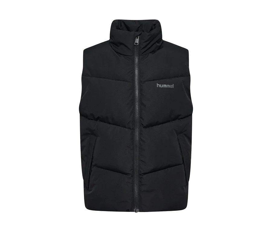 Veste matelassée hummel® « HMLJR Puffer Vest » noire avec col montant et fermeture éclair.