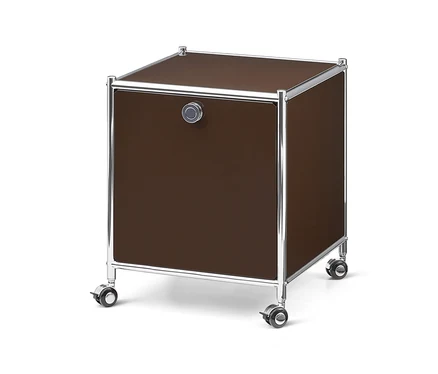 Table d'appoint en métal marron «CN3» avec un cadre chromé, un abattant et des roulettes.