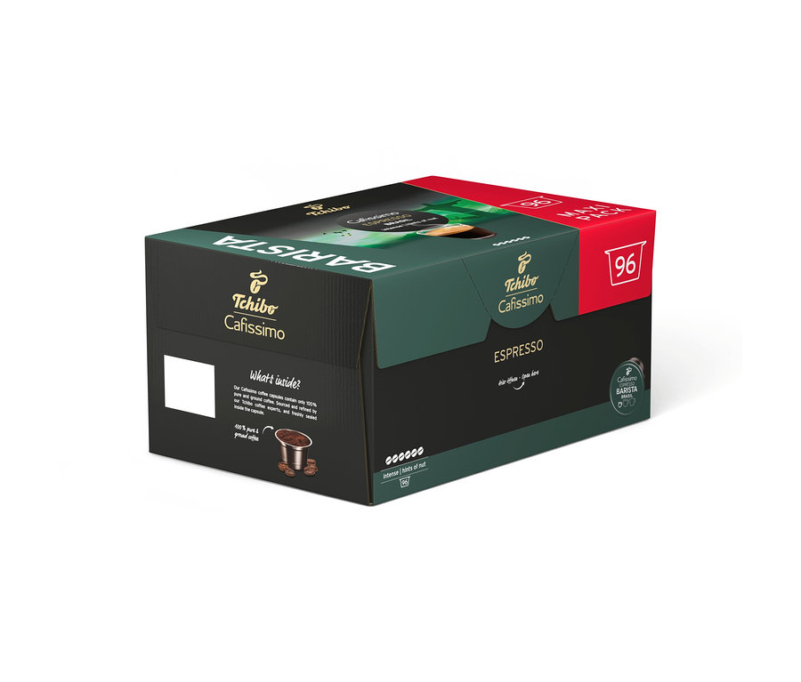 Boîte de 96 capsules de café Tchibo Cafissimo BARISTA Espresso Brasil, verte et rouge, légèrement ouverte, montrant une capsule.
