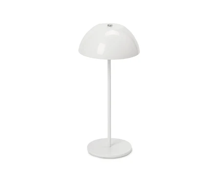 Lampe de table à LED sans fil blanche avec un abat-jour en forme de dôme, une tige fine et une base ronde sur fond blanc.