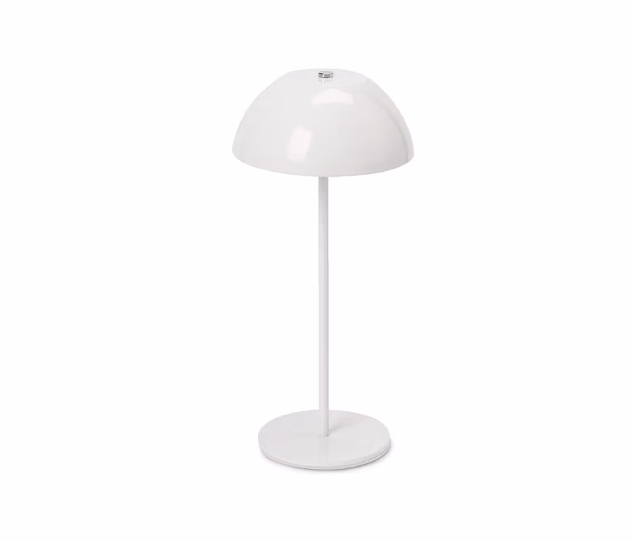Lampe de table à LED sans fil blanche avec un abat-jour en forme de dôme, une tige fine et une base ronde sur fond blanc.
