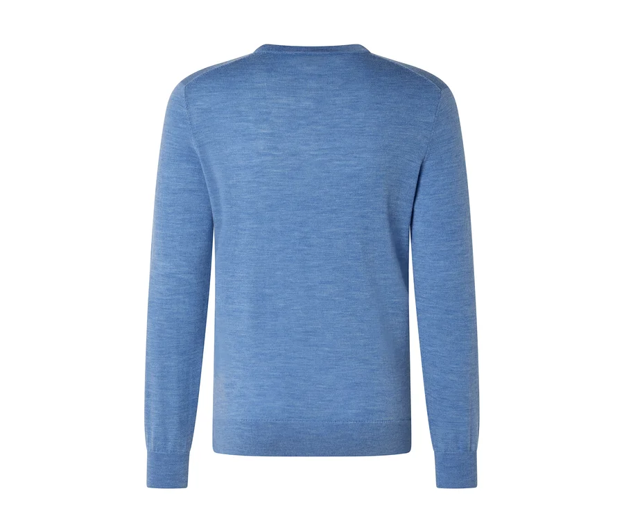 Pull bleu à manches longues vu de dos, avec un col rond et des poignets côtelés.